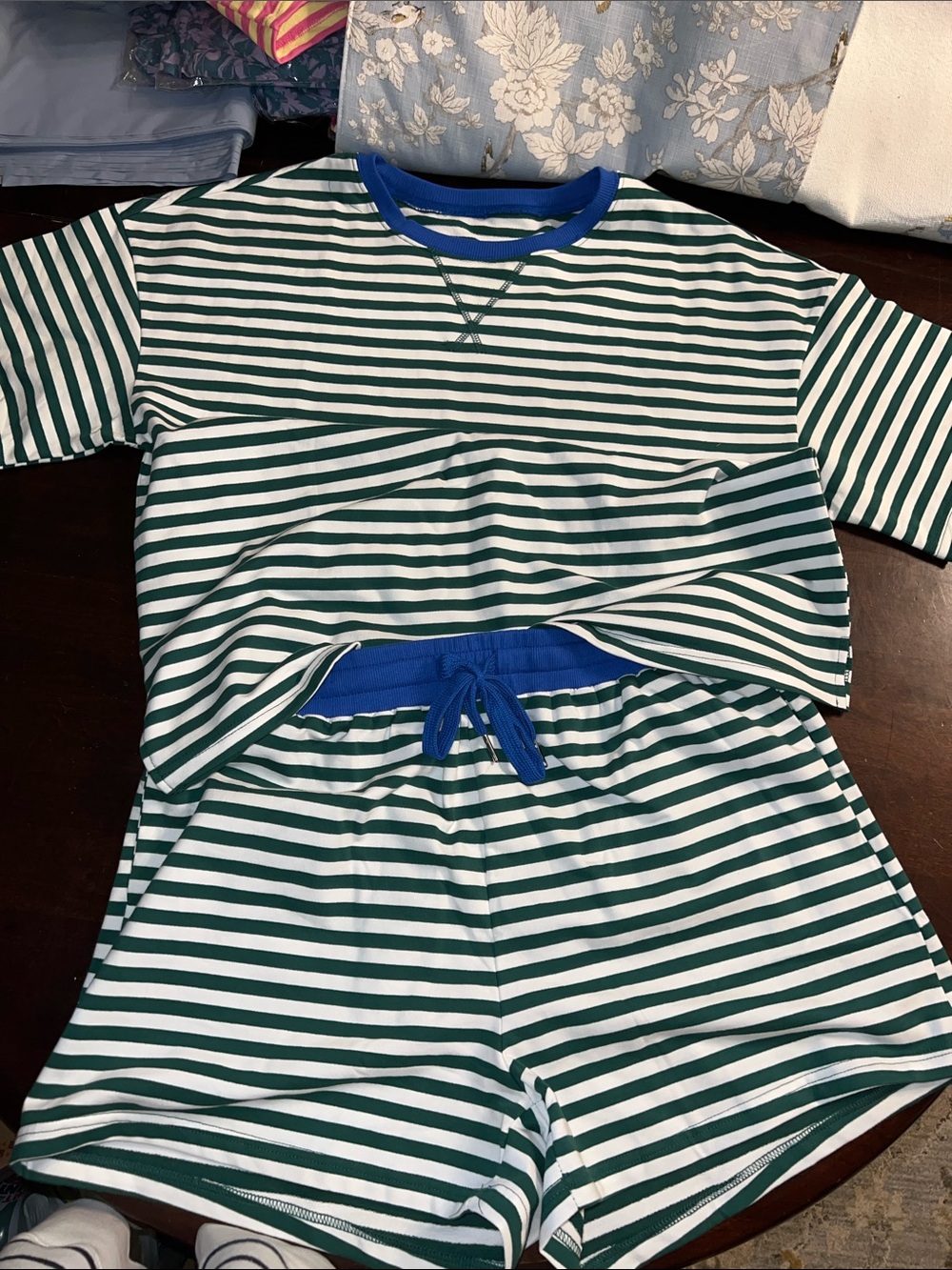 Amazon Green & White Striped Women's Pajama Set with Blue Trim